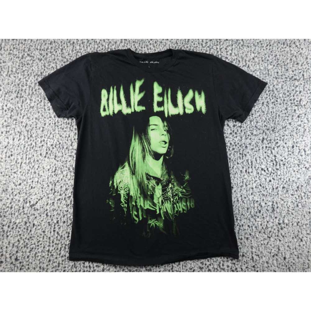 Billie‎ Eilish Graphic T-Shirt Mens Large Black Neon Green 2024 Lash Music Good